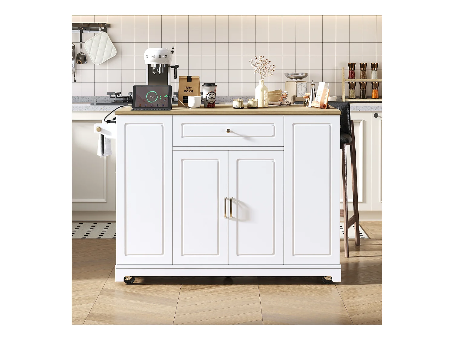 Ilot central de cuisine mobile 131.8x40x93.3cm - plateau extensible - avec USB - avec compartiment poubelle et rangement multifonctionnel - blanc