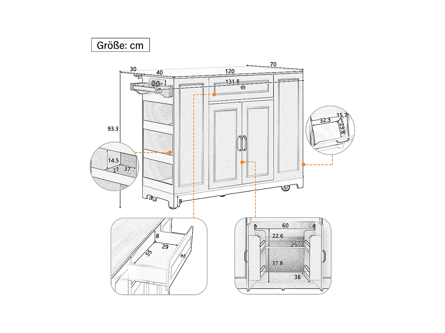 Ilot central de cuisine mobile 131.8x40x93.3cm - plateau extensible - avec USB - avec compartiment poubelle et rangement multifonctionnel - blanc