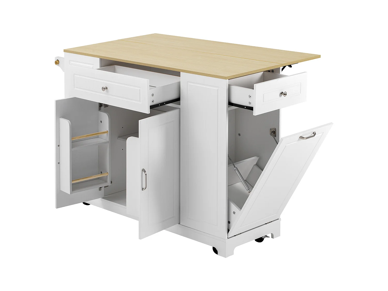 Ilot central de cuisine mobile 131.8x40x93.3cm - plateau extensible - avec USB - avec compartiment poubelle et rangement multifonctionnel - blanc