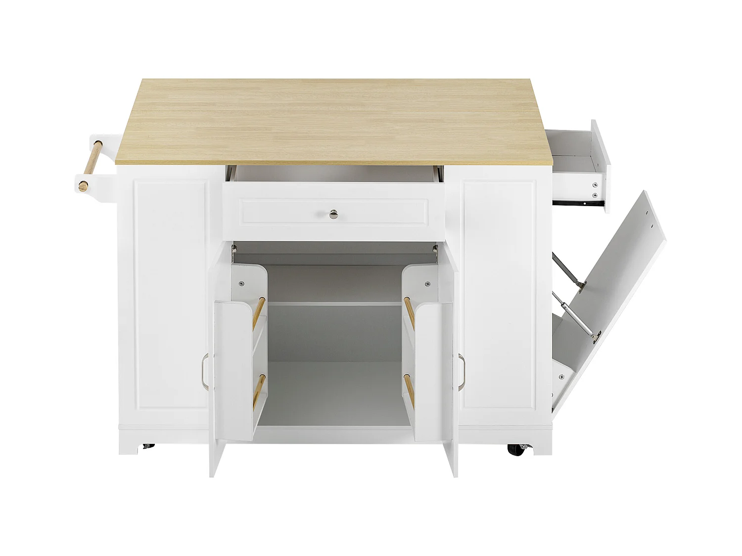 Ilot central de cuisine mobile 131.8x40x93.3cm - plateau extensible - avec USB - avec compartiment poubelle et rangement multifonctionnel - blanc