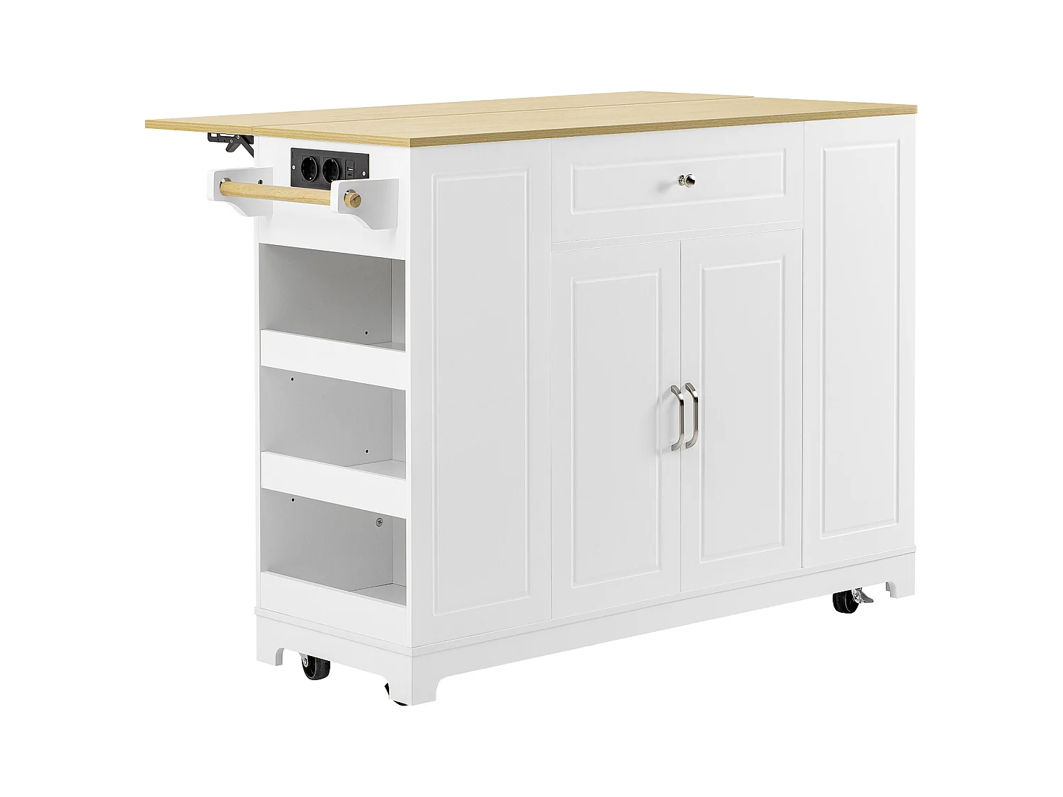 Ilot central de cuisine mobile 131.8x40x93.3cm - plateau extensible - avec USB - avec compartiment poubelle et rangement multifonctionnel - blanc