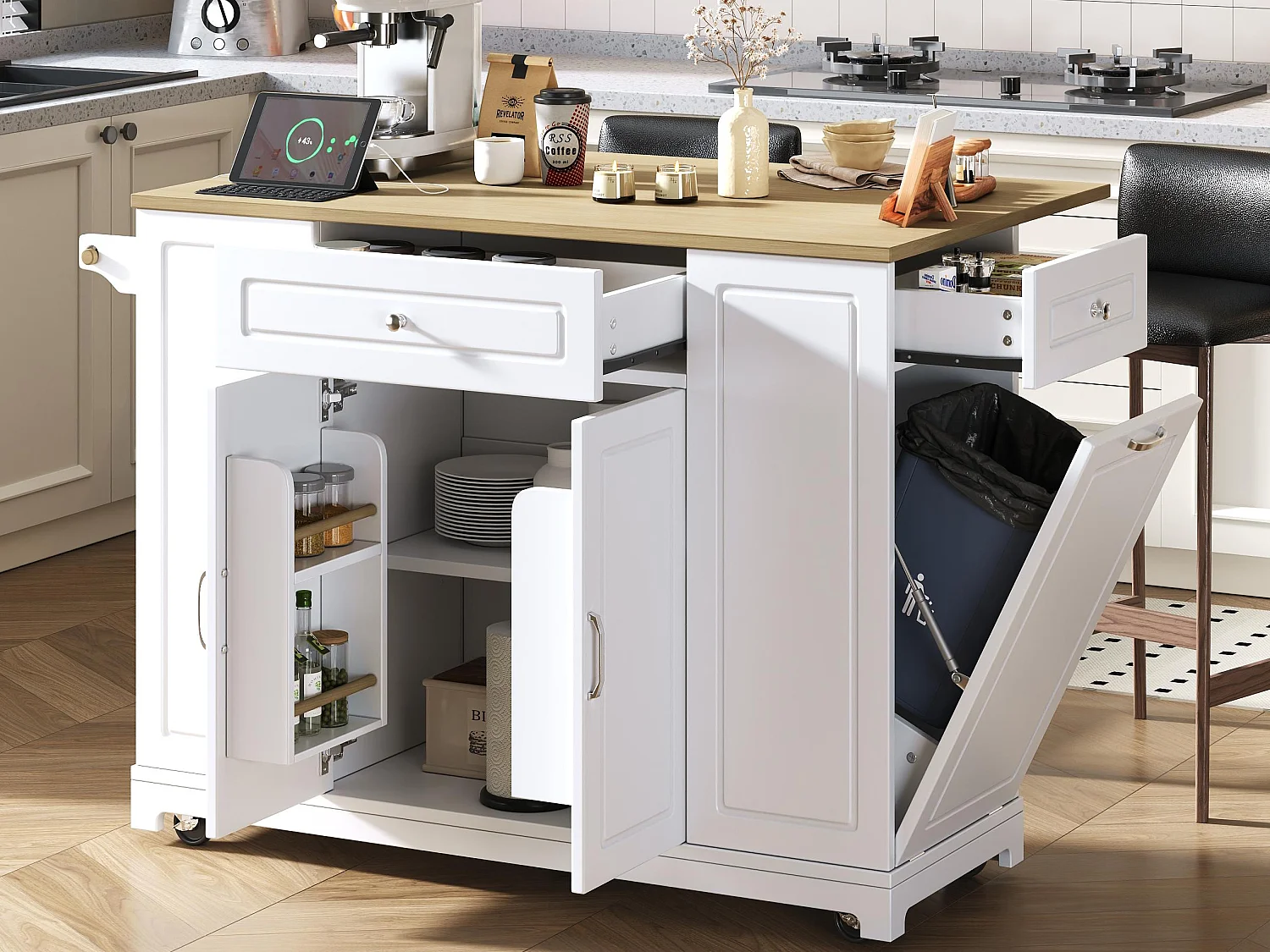 Mobile Kücheninsel 131.8x40x93.3cm - ausziehbare Arbeitsplatte - mit USB - mit Mülltrennfach und multifunktionalem Stauraum - ​​weiß​