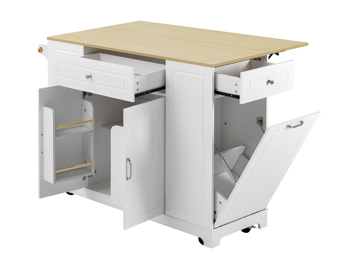 Mobile Kücheninsel 131.8x40x93.3cm - ausziehbare Arbeitsplatte - mit USB - mit Mülltrennfach und multifunktionalem Stauraum - ​​weiß​