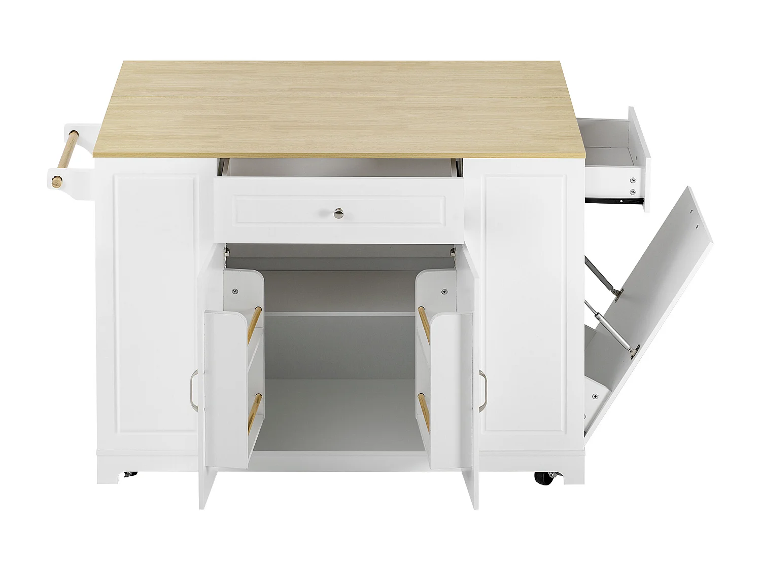 Mobile Kücheninsel 131.8x40x93.3cm - ausziehbare Arbeitsplatte - mit USB - mit Mülltrennfach und multifunktionalem Stauraum - ​​weiß​