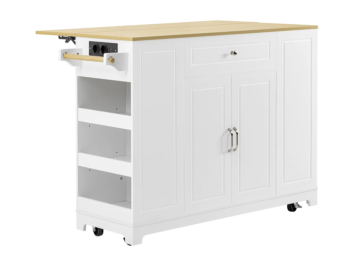 Mobile Kücheninsel 131.8x40x93.3cm - ausziehbare Arbeitsplatte - mit USB - mit Mülltrennfach und multifunktionalem Stauraum - ​​weiß​