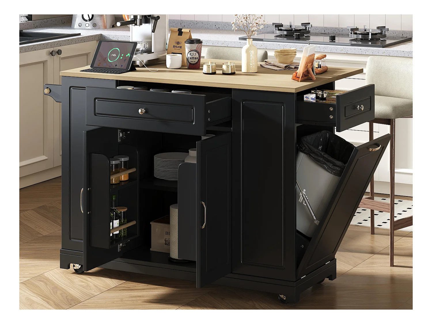 Ilot central de cuisine mobile 131.8x40x93.3cm - plateau extensible - avec USB - avec compartiment poubelle et rangement multifonctionnel - noir