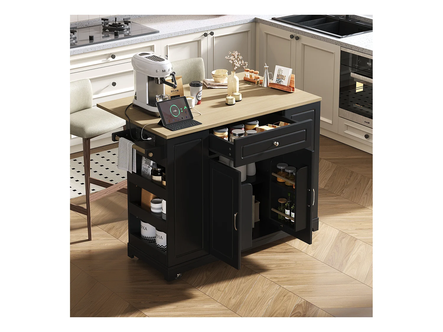 Ilot central de cuisine mobile 131.8x40x93.3cm - plateau extensible - avec USB - avec compartiment poubelle et rangement multifonctionnel - noir