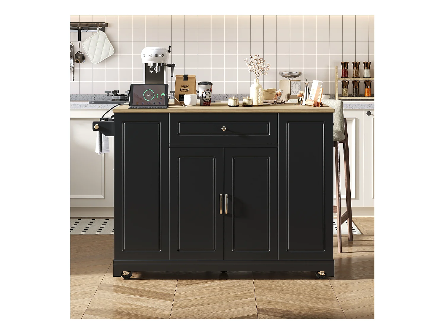Ilot central de cuisine mobile 131.8x40x93.3cm - plateau extensible - avec USB - avec compartiment poubelle et rangement multifonctionnel - noir