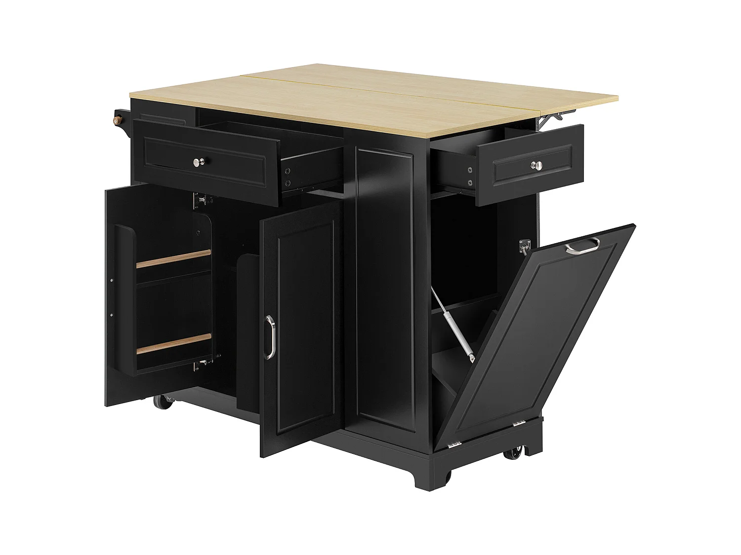 Ilot central de cuisine mobile 131.8x40x93.3cm - plateau extensible - avec USB - avec compartiment poubelle et rangement multifonctionnel - noir