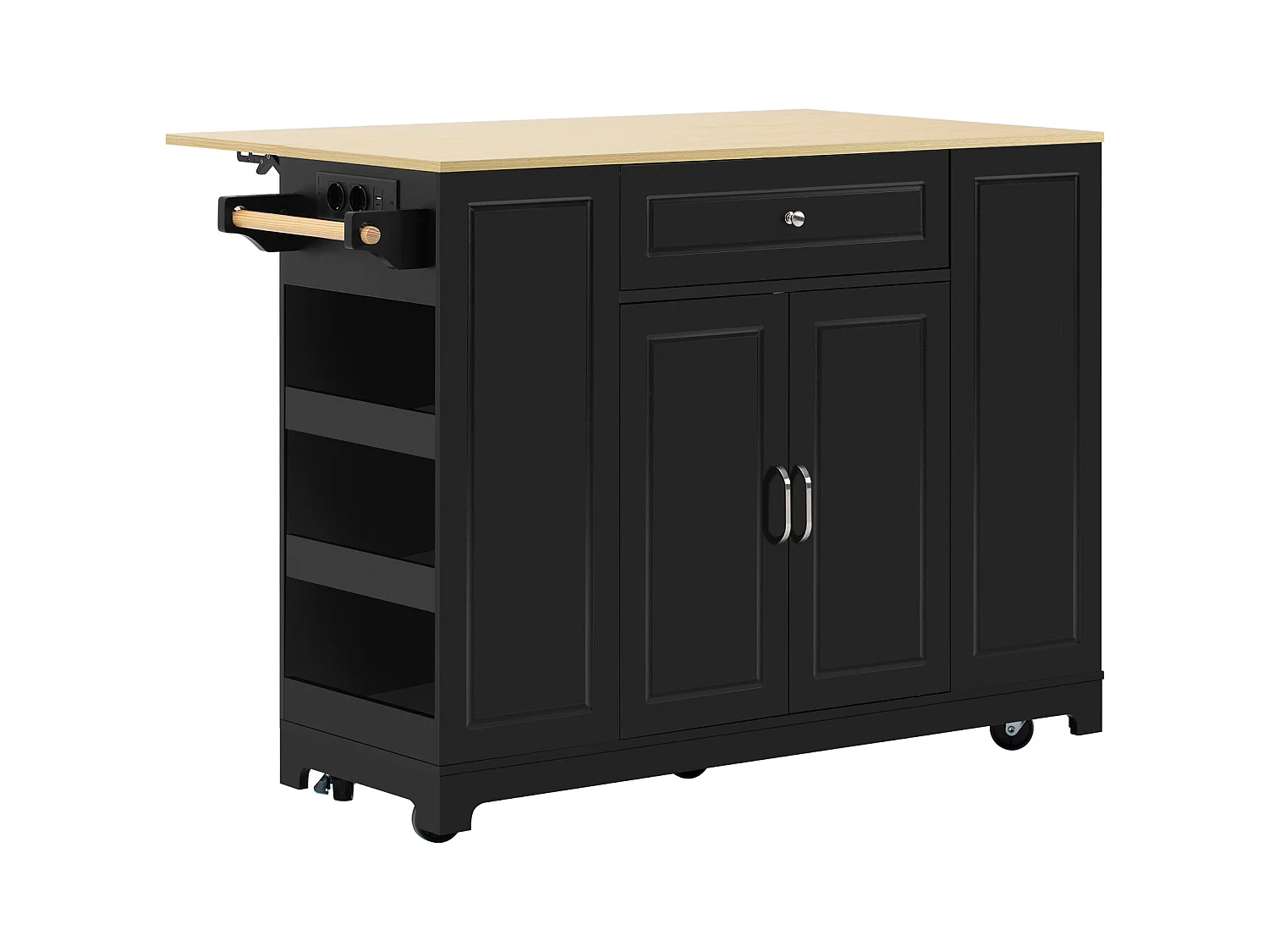 Ilot central de cuisine mobile 131.8x40x93.3cm - plateau extensible - avec USB - avec compartiment poubelle et rangement multifonctionnel - noir