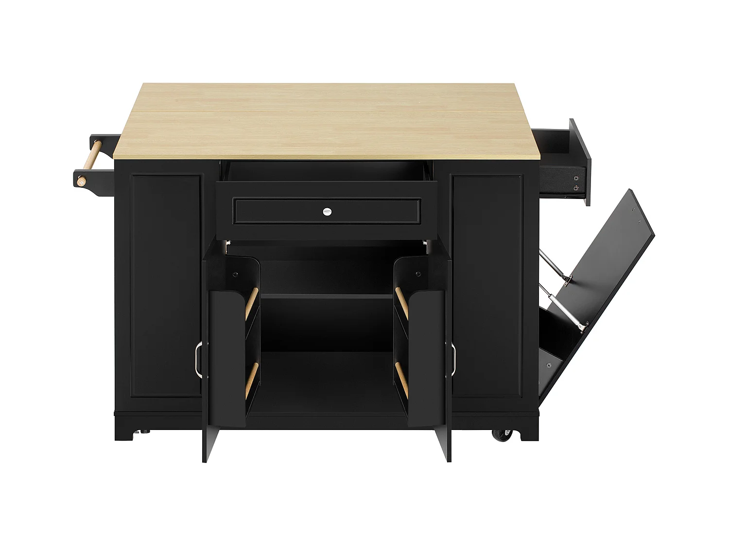 Ilot central de cuisine mobile 131.8x40x93.3cm - plateau extensible - avec USB - avec compartiment poubelle et rangement multifonctionnel - noir