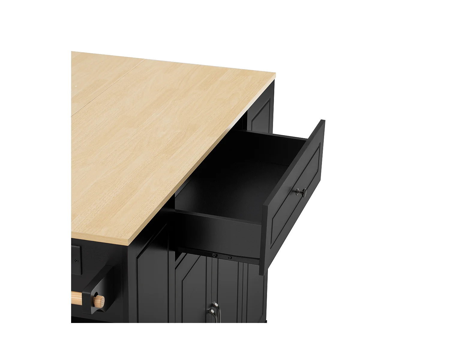 Ilot central de cuisine mobile 131.8x40x93.3cm - plateau extensible - avec USB - avec compartiment poubelle et rangement multifonctionnel - noir