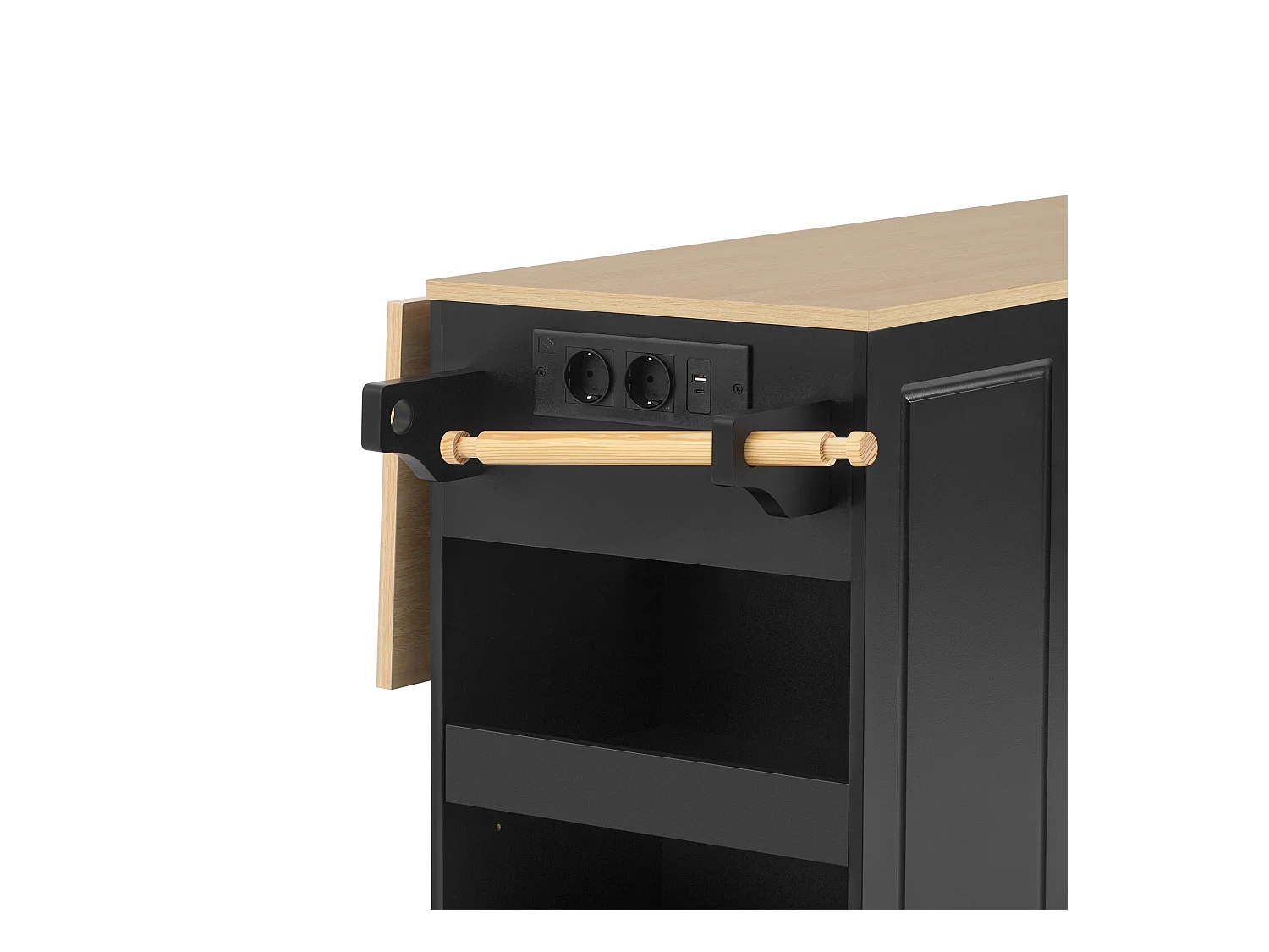 Ilot central de cuisine mobile 131.8x40x93.3cm - plateau extensible - avec USB - avec compartiment poubelle et rangement multifonctionnel - noir