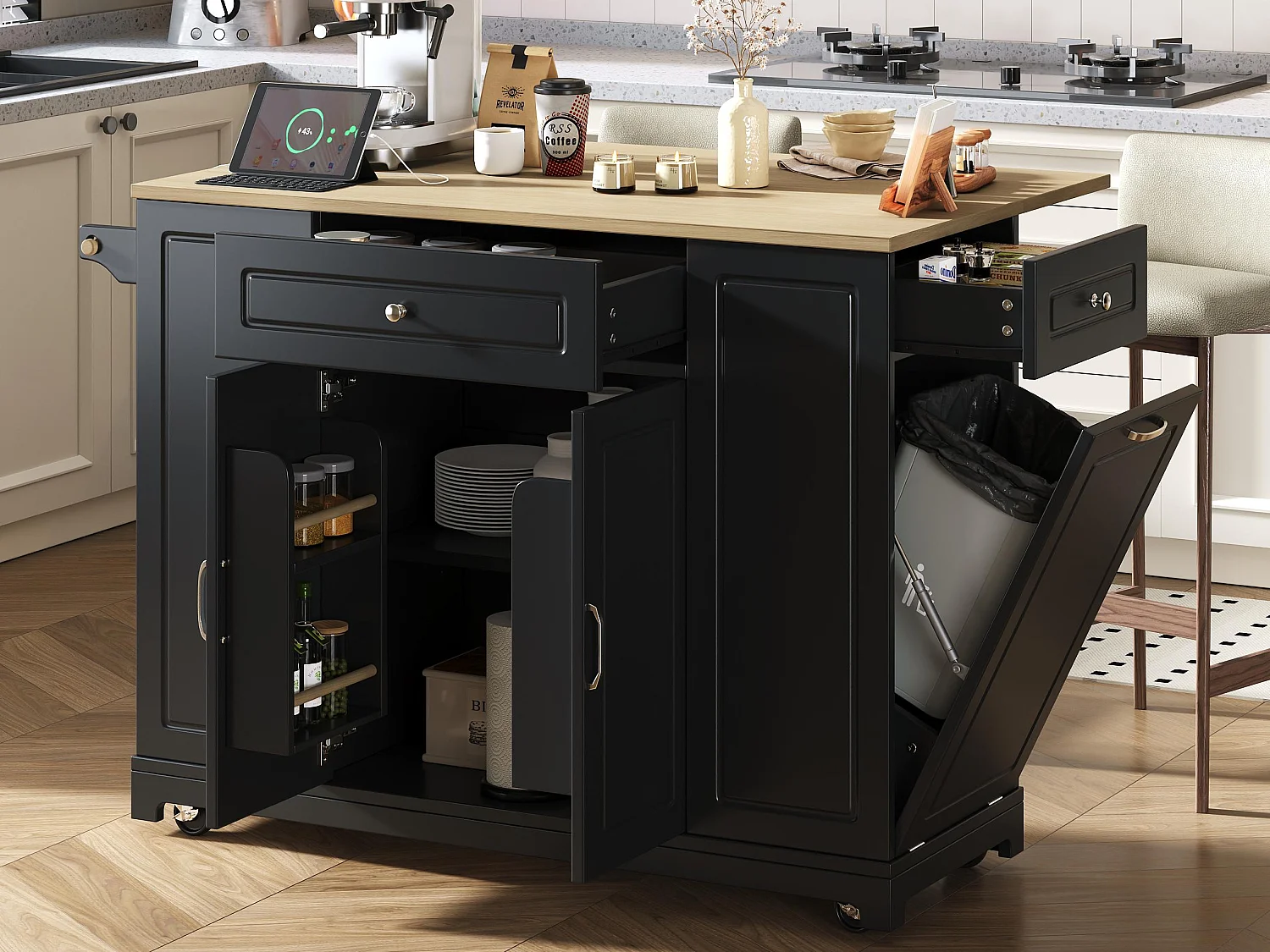 Isola centrale cucina mobile 131.8x40x93.3cm - piano di lavoro estensibile - con USB - con vano pattumiera e ripostiglio multifunzione - nero