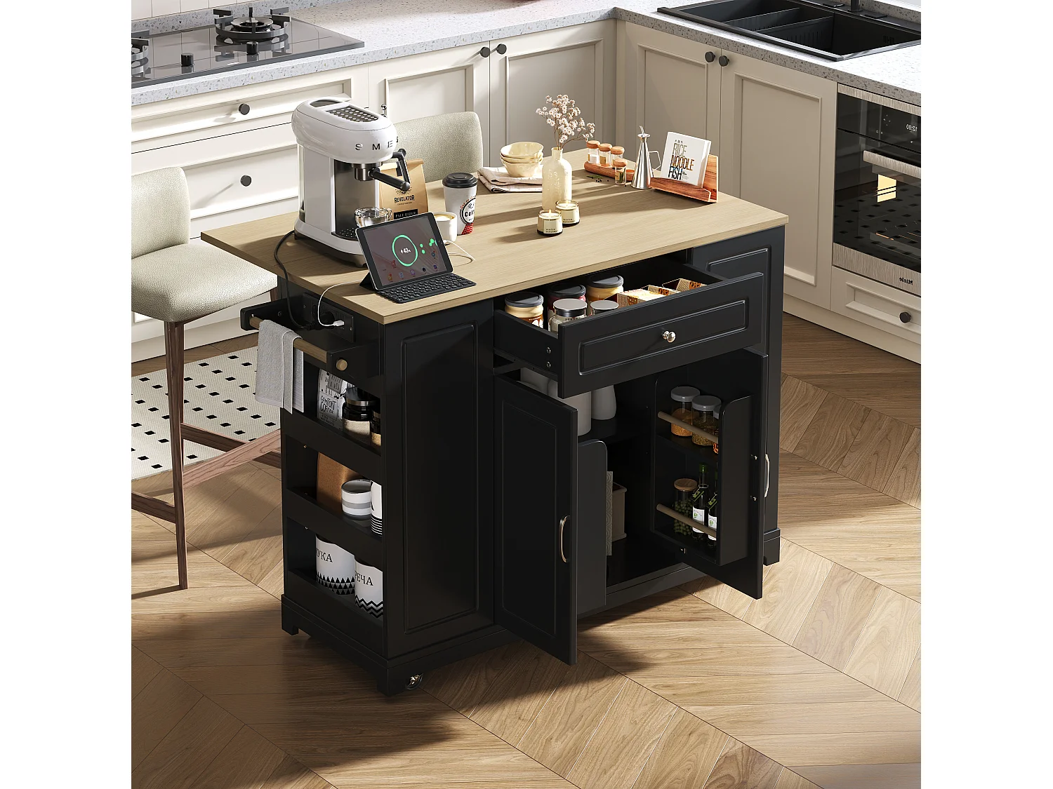 Isola centrale cucina mobile 131.8x40x93.3cm - piano di lavoro estensibile - con USB - con vano pattumiera e ripostiglio multifunzione - nero