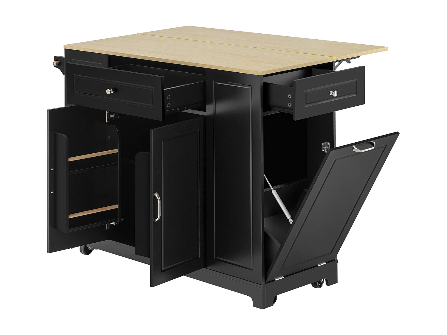 Isola centrale cucina mobile 131.8x40x93.3cm - piano di lavoro estensibile - con USB - con vano pattumiera e ripostiglio multifunzione - nero