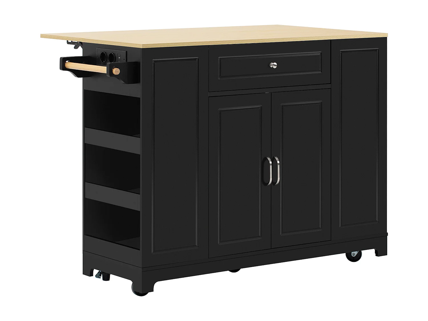 Isola centrale cucina mobile 131.8x40x93.3cm - piano di lavoro estensibile - con USB - con vano pattumiera e ripostiglio multifunzione - nero