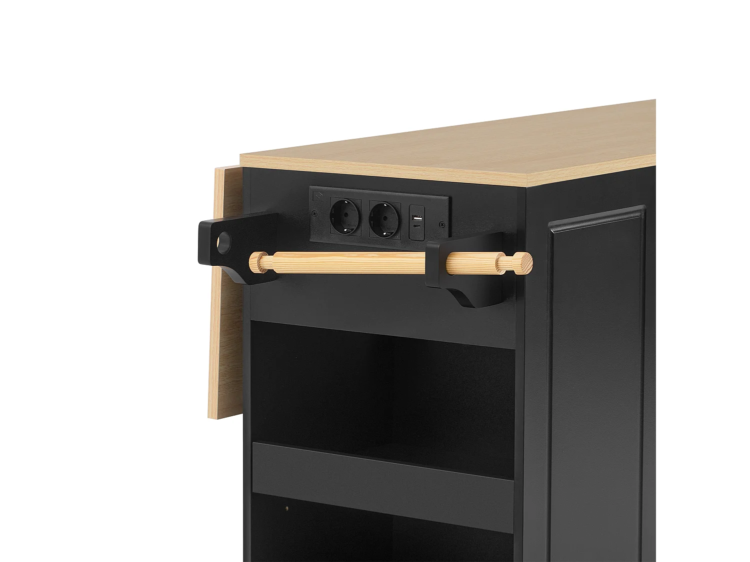 Isola centrale cucina mobile 131.8x40x93.3cm - piano di lavoro estensibile - con USB - con vano pattumiera e ripostiglio multifunzione - nero