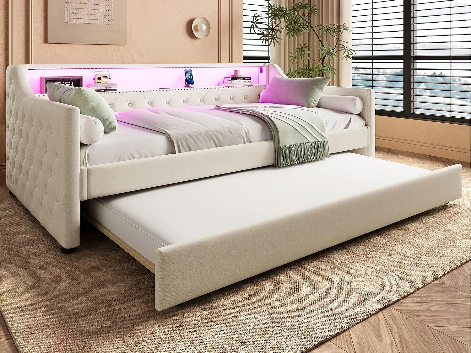 Schlafsofa 90 x 200 cm - mit LED-Beleuchtung - mit ausziehbarer Zweitmatratze - mit USB - Leinen - mit Lattenrost - ​​beige​