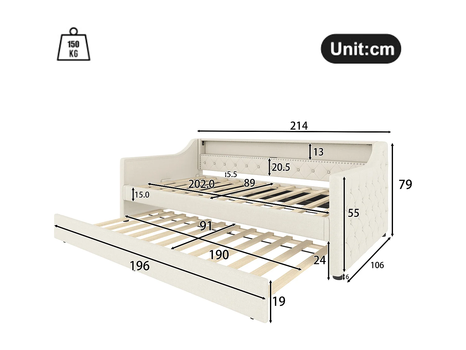 Schlafsofa 90 x 200 cm - mit LED-Beleuchtung - mit ausziehbarer Zweitmatratze - mit USB - Leinen - mit Lattenrost - ​​beige​