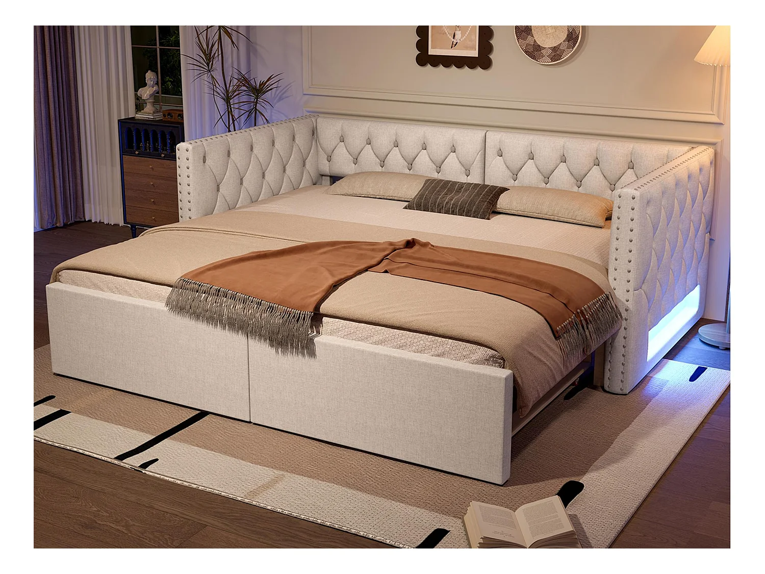 Canapé-lit rembourré 90x200 cm - avec lit gigogne - avec éclairage LED - MDF + lin - Beige (matelas non inclus)