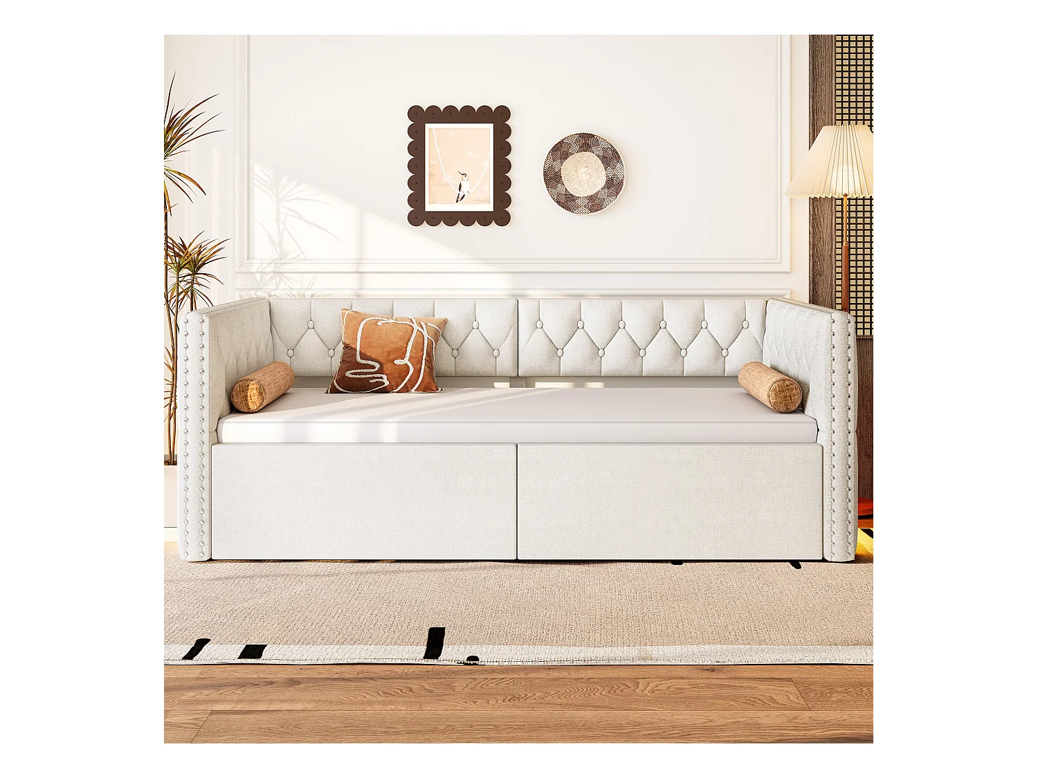 Canapé-lit rembourré 90x200 cm - avec lit gigogne - avec éclairage LED - MDF + lin - Beige (matelas non inclus)