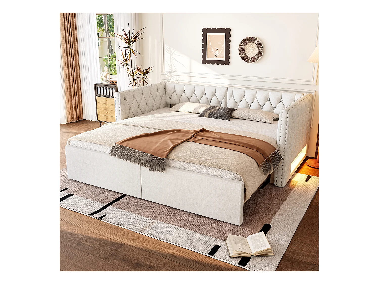 Canapé-lit rembourré 90x200 cm - avec lit gigogne - avec éclairage LED - MDF + lin - Beige (matelas non inclus)