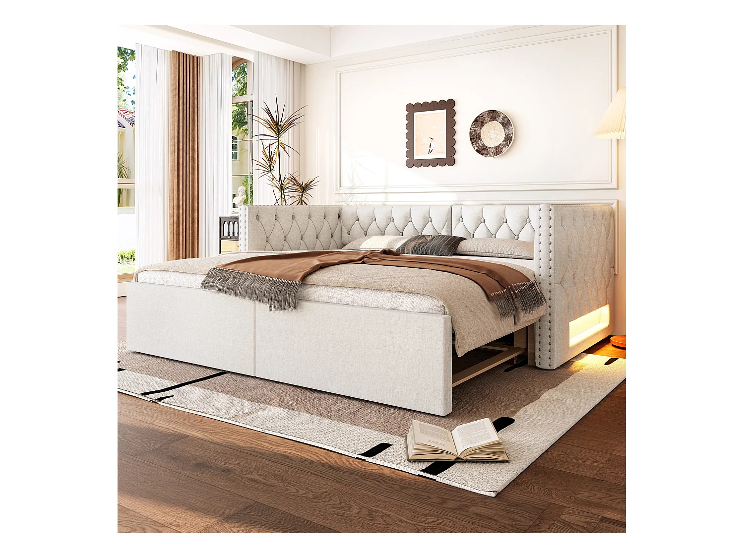 Canapé-lit rembourré 90x200 cm - avec lit gigogne - avec éclairage LED - MDF + lin - Beige (matelas non inclus)
