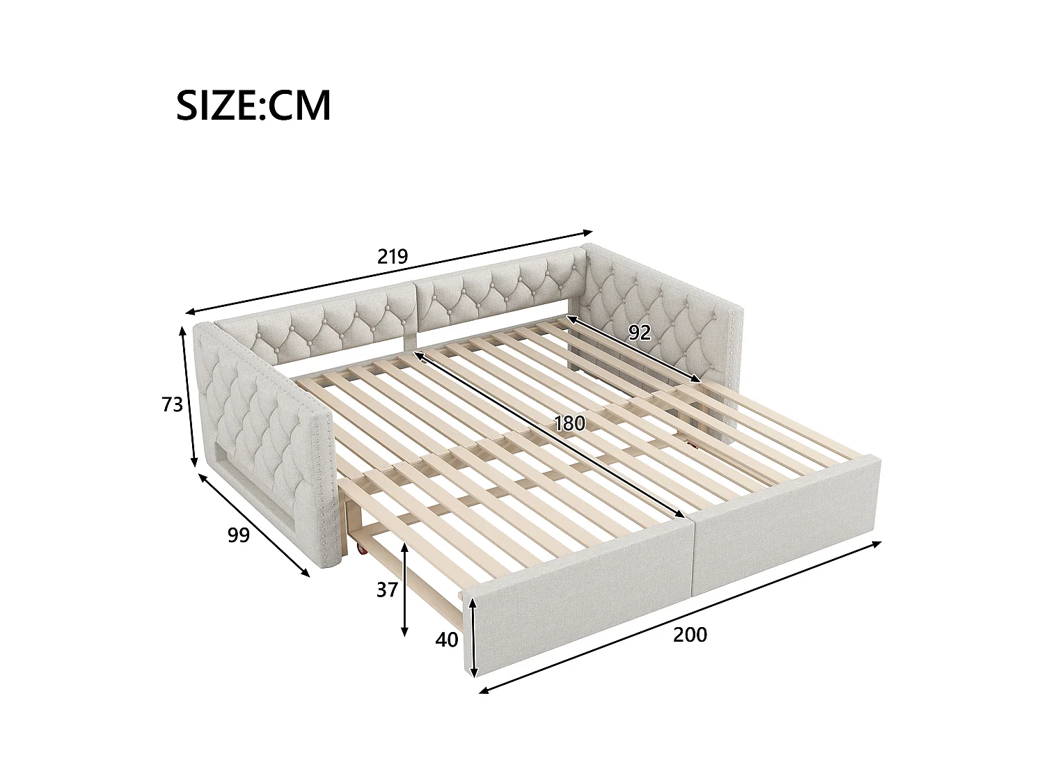 Canapé-lit rembourré 90x200 cm - avec lit gigogne - avec éclairage LED - MDF + lin - Beige (matelas non inclus)