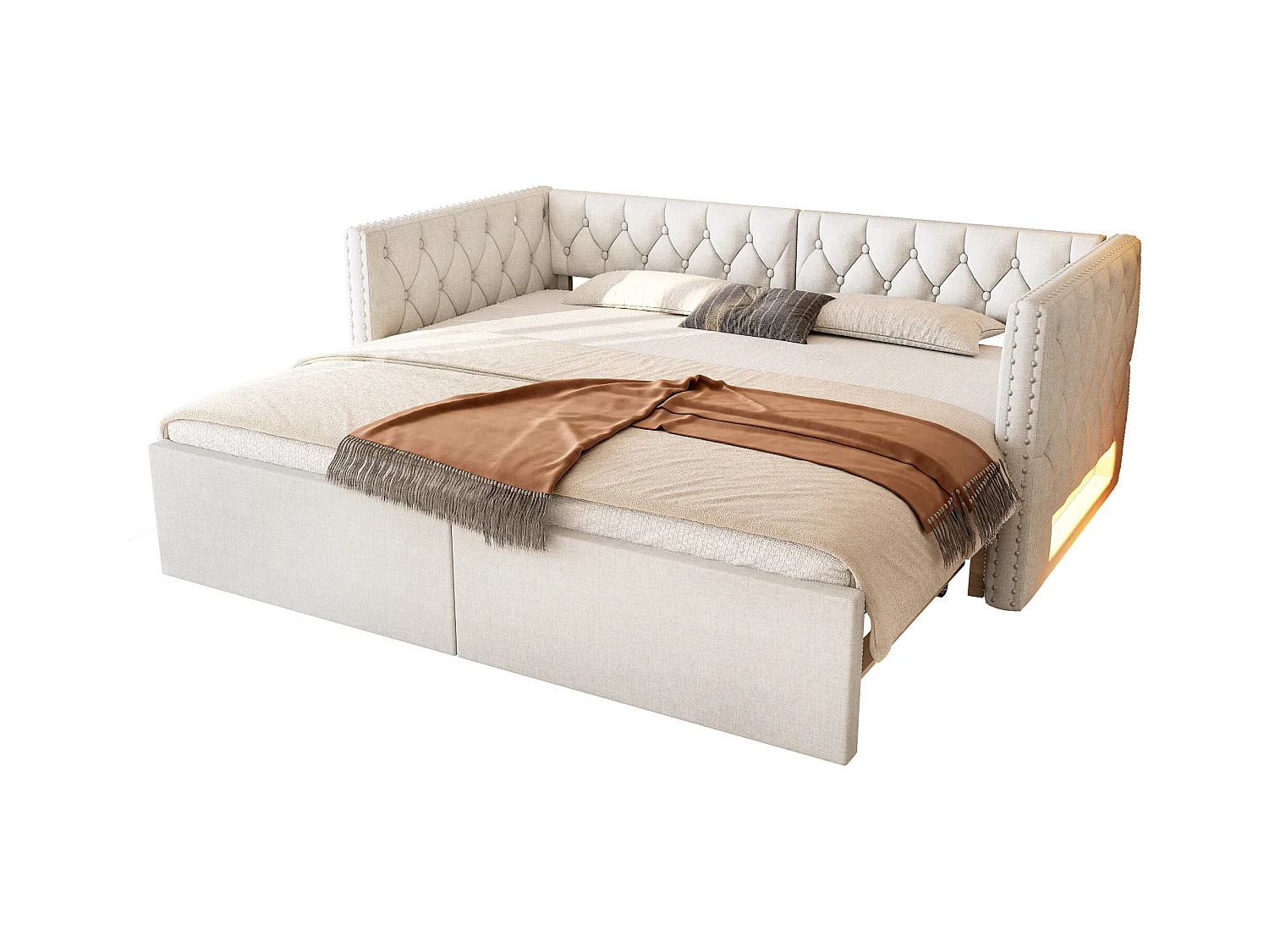 Canapé-lit rembourré 90x200 cm - avec lit gigogne - avec éclairage LED - MDF + lin - Beige (matelas non inclus)