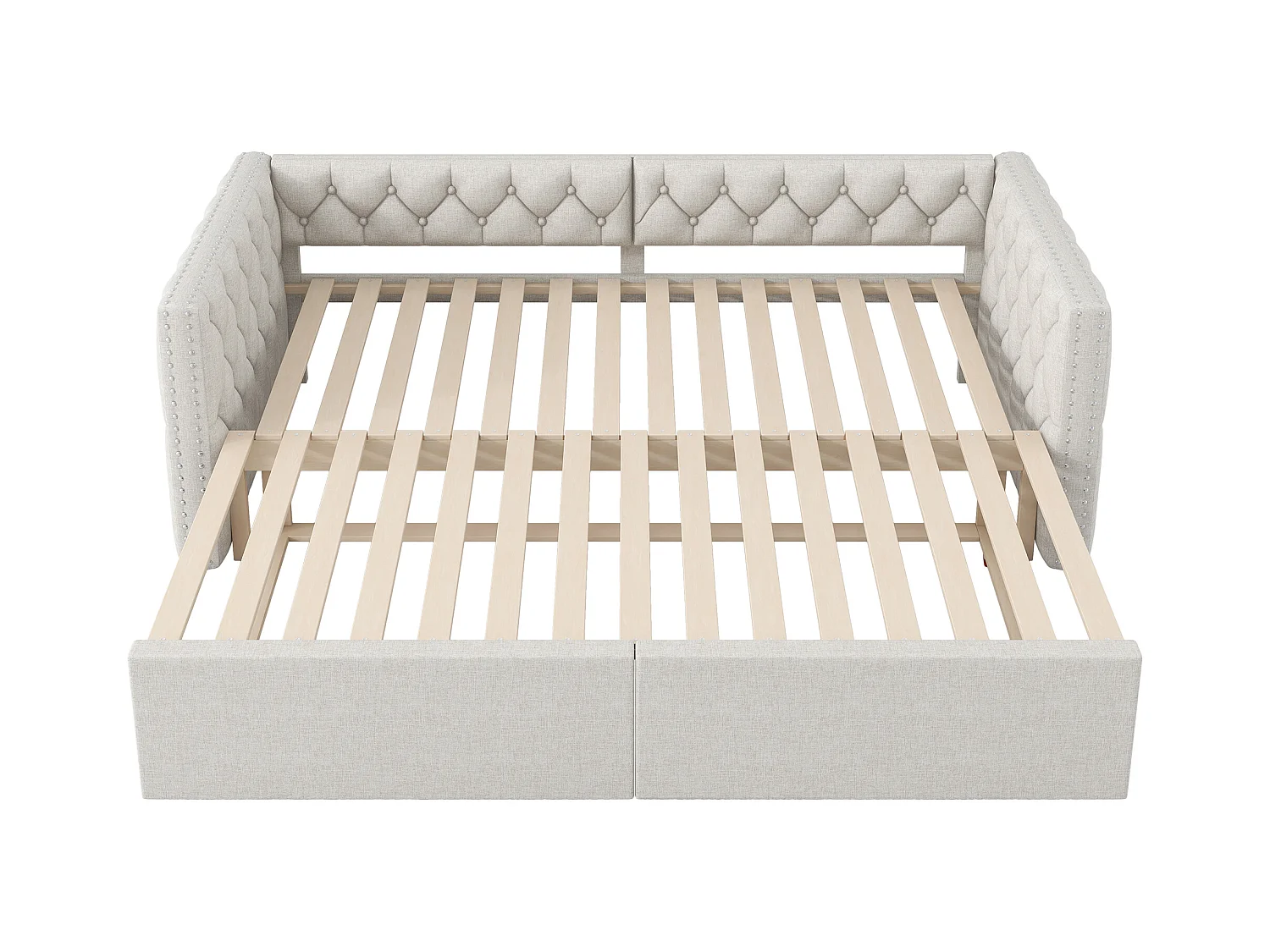 Canapé-lit rembourré 90x200 cm - avec lit gigogne - avec éclairage LED - MDF + lin - Beige (matelas non inclus)