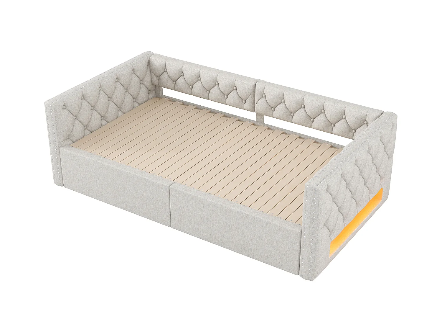 Canapé-lit rembourré 90x200 cm - avec lit gigogne - avec éclairage LED - MDF + lin - Beige (matelas non inclus)
