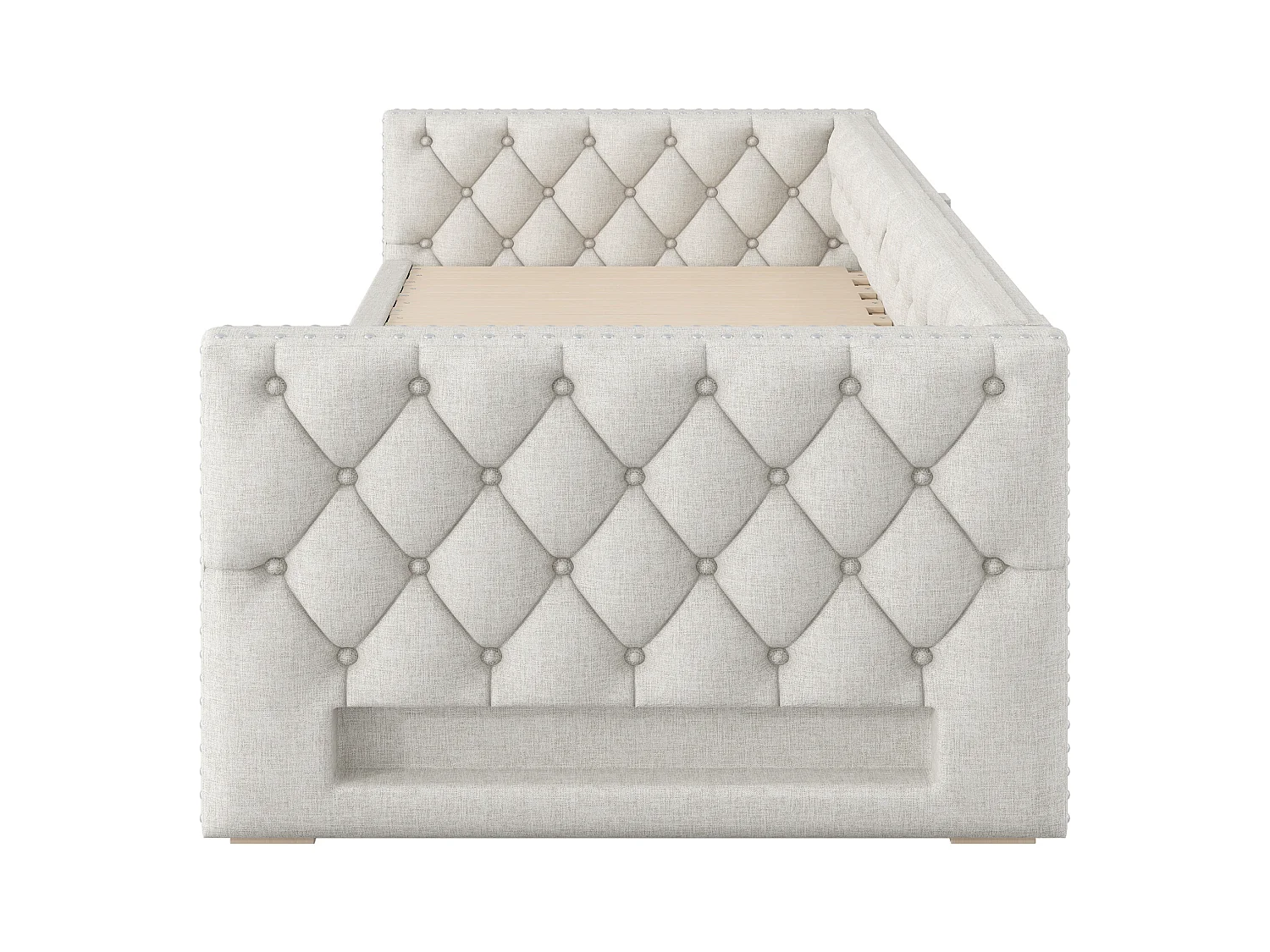 Canapé-lit rembourré 90x200 cm - avec lit gigogne - avec éclairage LED - MDF + lin - Beige (matelas non inclus)