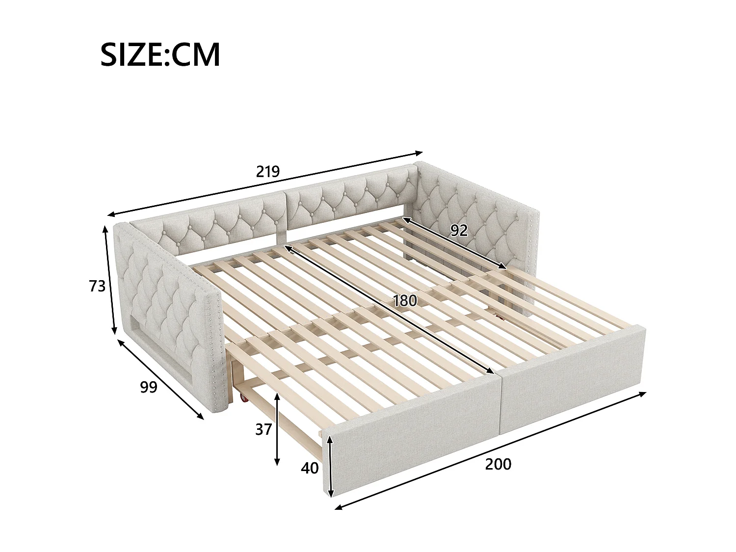 Canapé-lit rembourré 90x200 cm - avec lit gigogne - avec éclairage LED - MDF + lin - Beige (matelas non inclus)