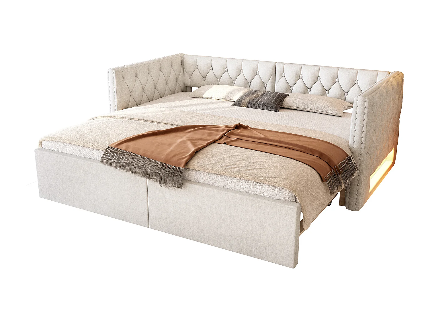 Canapé-lit rembourré 90x200 cm - avec lit gigogne - avec éclairage LED - MDF + lin - Beige (matelas non inclus)