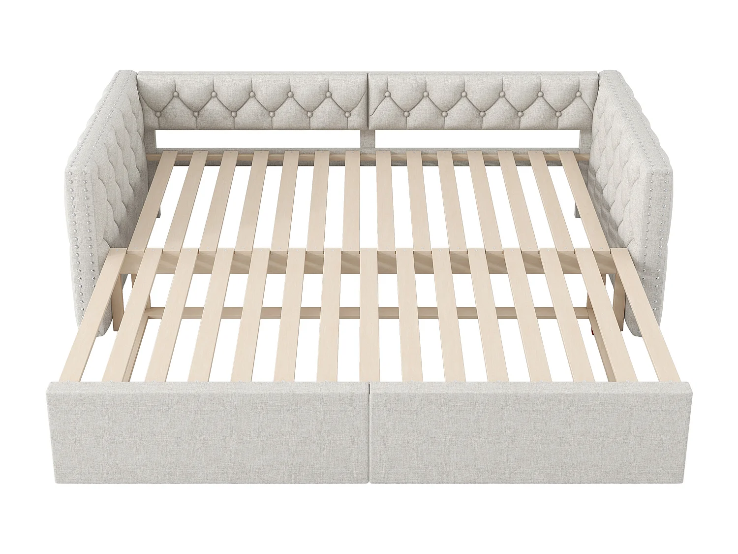 Canapé-lit rembourré 90x200 cm - avec lit gigogne - avec éclairage LED - MDF + lin - Beige (matelas non inclus)