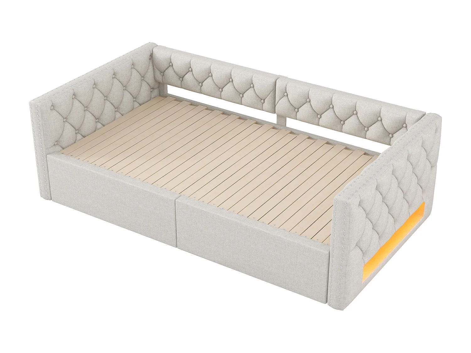Canapé-lit rembourré 90x200 cm - avec lit gigogne - avec éclairage LED - MDF + lin - Beige (matelas non inclus)