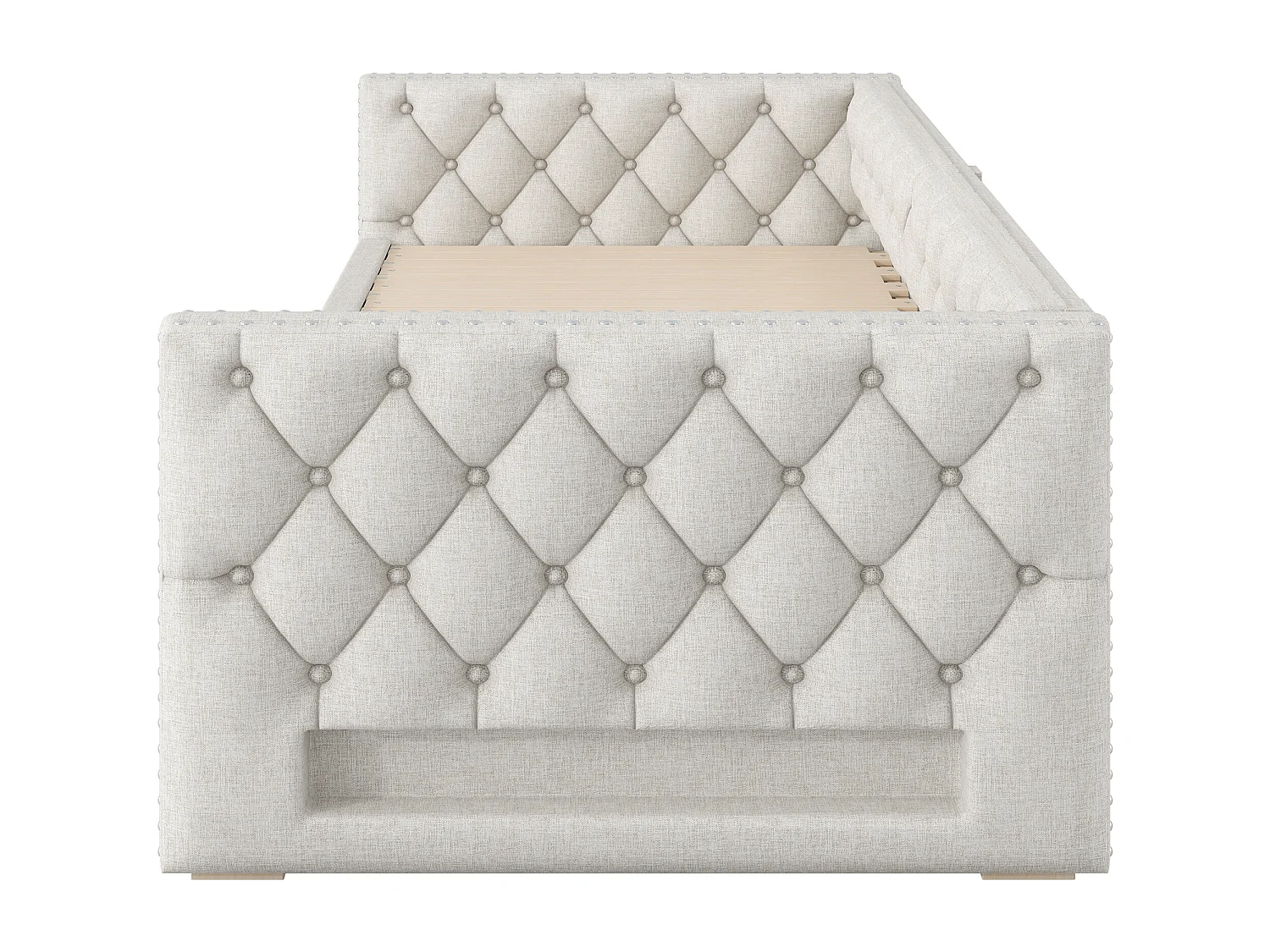 Canapé-lit rembourré 90x200 cm - avec lit gigogne - avec éclairage LED - MDF + lin - Beige (matelas non inclus)