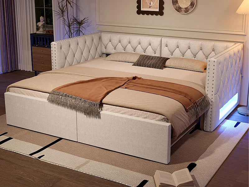 Gepolstertes Schlafsofa 90x200 cm - mit Ausziehbette - mit LED-Beleuchtung - MDF + Leinen - Beige (Matratze nicht inbegriffen)