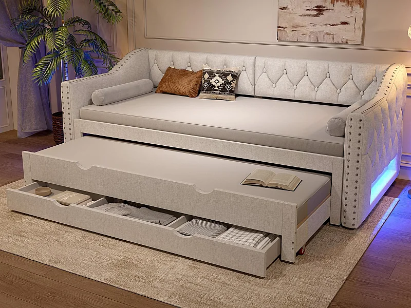 Canapé-lit rembourré 90x200 cm - avec lit gigogne - avec éclairage LED - Trois tiroirs - MDF + lin - Beige (matelas non inclus)