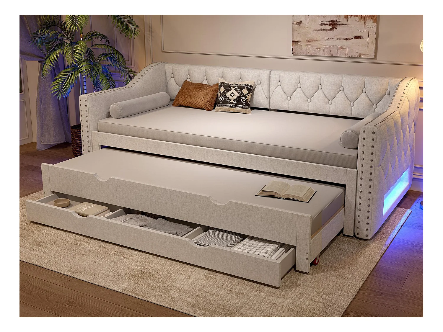Canapé-lit rembourré 90x200 cm - avec lit gigogne - avec éclairage LED - Trois tiroirs - MDF + lin - Beige (matelas non inclus)