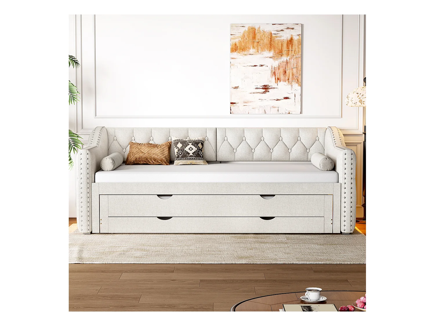 Canapé-lit rembourré 90x200 cm - avec lit gigogne - avec éclairage LED - Trois tiroirs - MDF + lin - Beige (matelas non inclus)