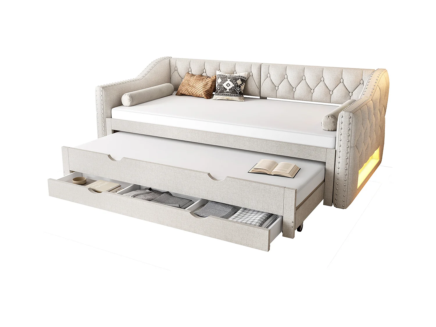 Canapé-lit rembourré 90x200 cm - avec lit gigogne - avec éclairage LED - Trois tiroirs - MDF + lin - Beige (matelas non inclus)