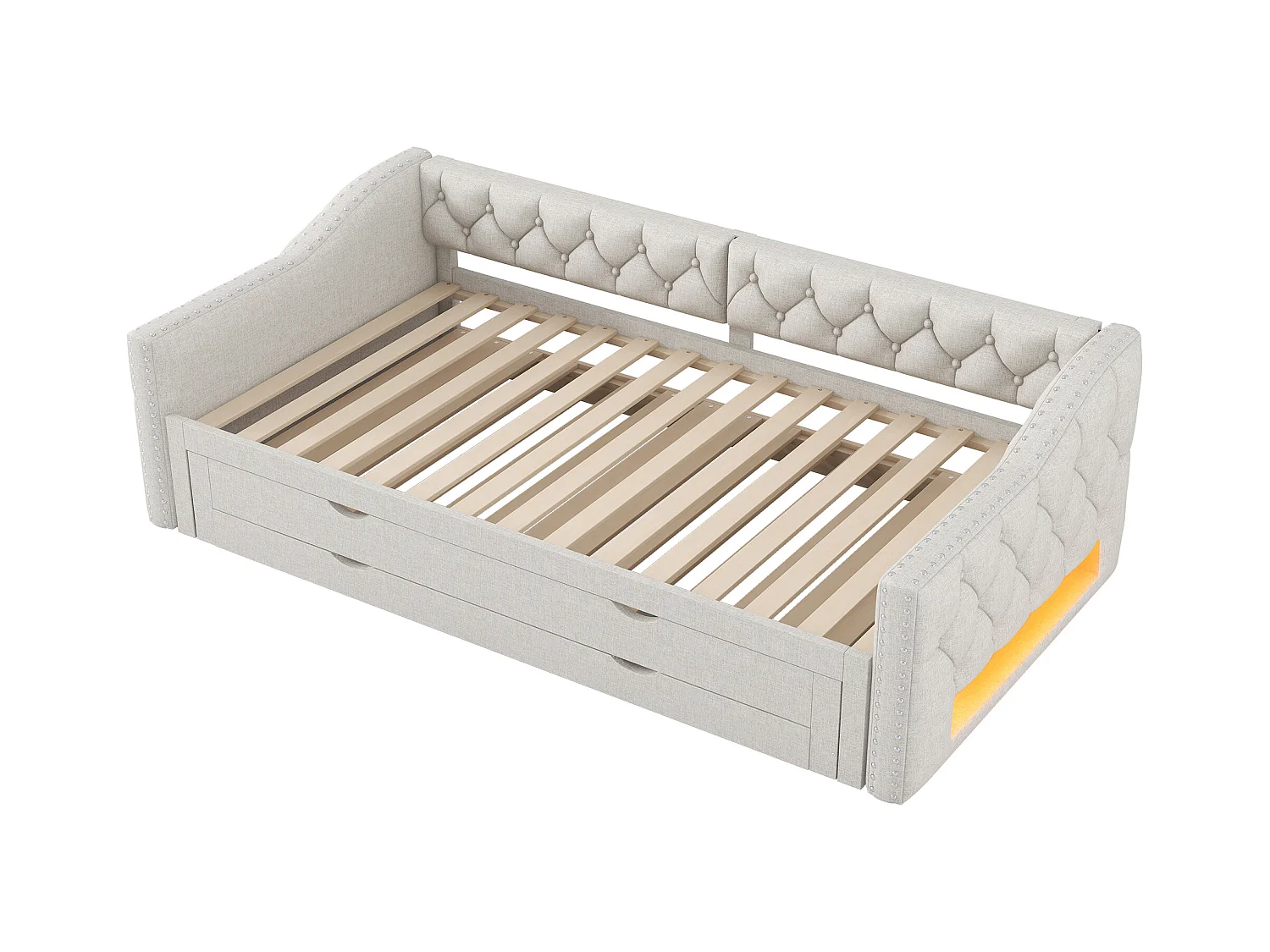 Canapé-lit rembourré 90x200 cm - avec lit gigogne - avec éclairage LED - Trois tiroirs - MDF + lin - Beige (matelas non inclus)