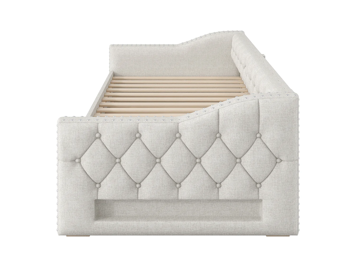 Canapé-lit rembourré 90x200 cm - avec lit gigogne - avec éclairage LED - Trois tiroirs - MDF + lin - Beige (matelas non inclus)