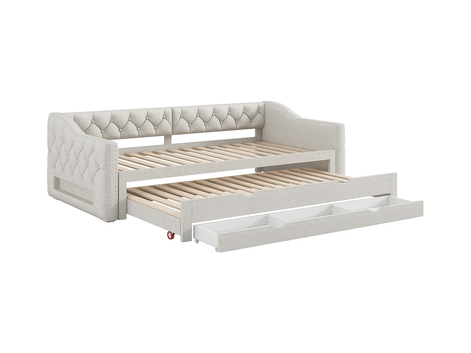 Canapé-lit rembourré 90x200 cm - avec lit gigogne - avec éclairage LED - Trois tiroirs - MDF + lin - Beige (matelas non inclus)
