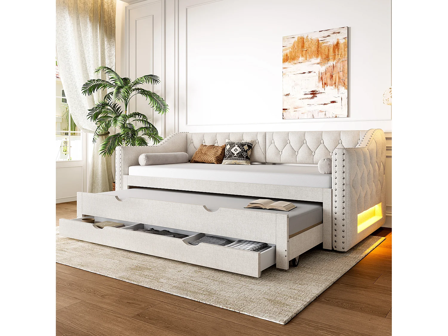 Canapé-lit rembourré 90x200 cm - avec lit gigogne - avec éclairage LED - Trois tiroirs - MDF + lin - Beige (matelas non inclus)