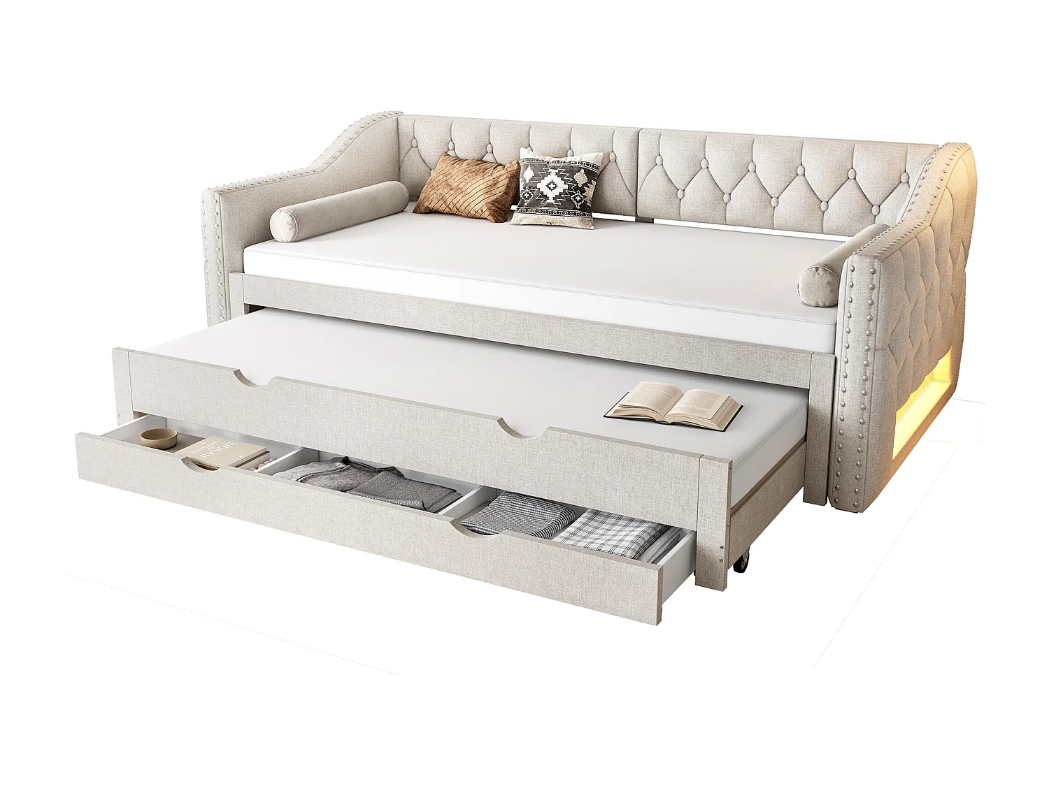 Canapé-lit rembourré 90x200 cm - avec lit gigogne - avec éclairage LED - Trois tiroirs - MDF + lin - Beige (matelas non inclus)