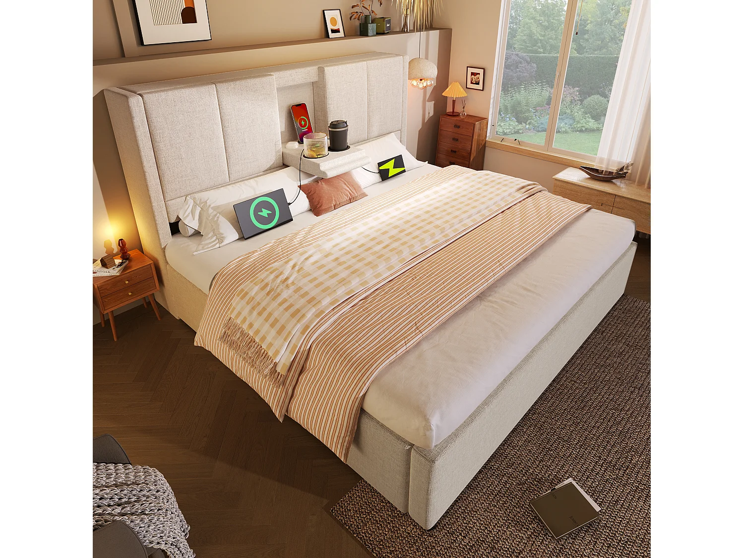 Lit coffre rembourré 140x190cm - avec porte-gobelet caché  - avec ports USB et Type-C - avec sommier à lattes - Lin - Beige (sans matelas)