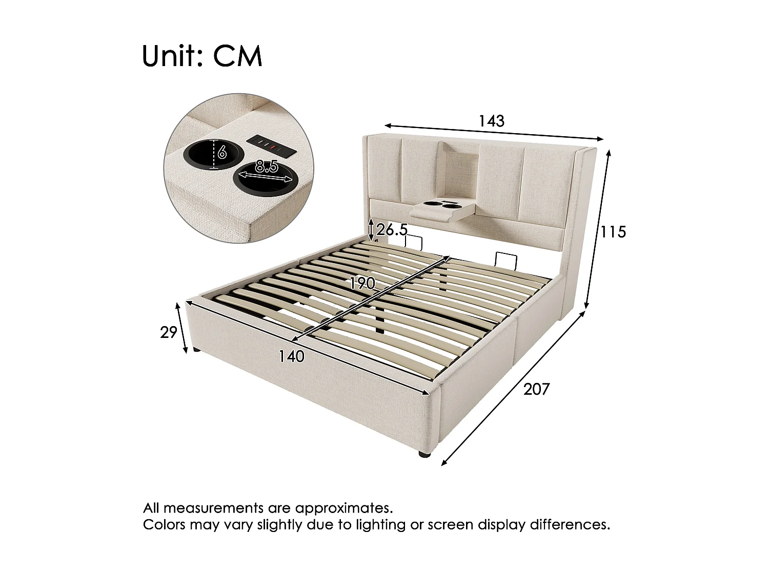 Lit coffre rembourré 140x190cm - avec porte-gobelet caché  - avec ports USB et Type-C - avec sommier à lattes - Lin - Beige (sans matelas)